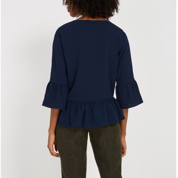 NWT FRANK & OAK V-NECK BELL SLEEVE BLOUSE  NAVY -S - Picture 2 of 12